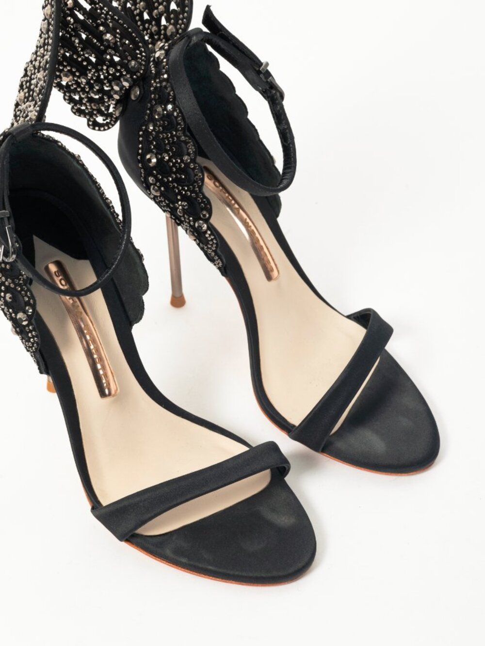 Sophia Webster Evangeline "Black" Crystal-Embellished Satin Sandals - Picture 6 of 10